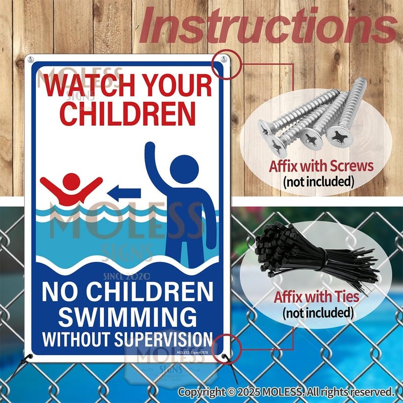 MOLESS 2 Pack Pool Safety Signs Bundle – 12x8 Inch Pool Signs for Outside Outdoor Decor, Watch Your Children & Swim at Your Own Risk, Durable 0.040 Aluminum Weatherproof, Easy to Mount, PSP-2503 - Image 4